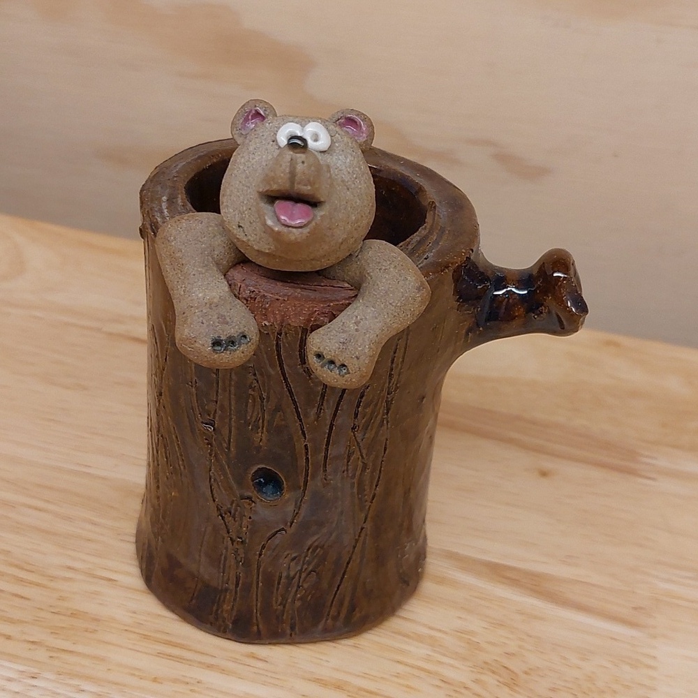 Vintage Red Clay Pottery Bear inside a tree stump Desk decor pen holder
